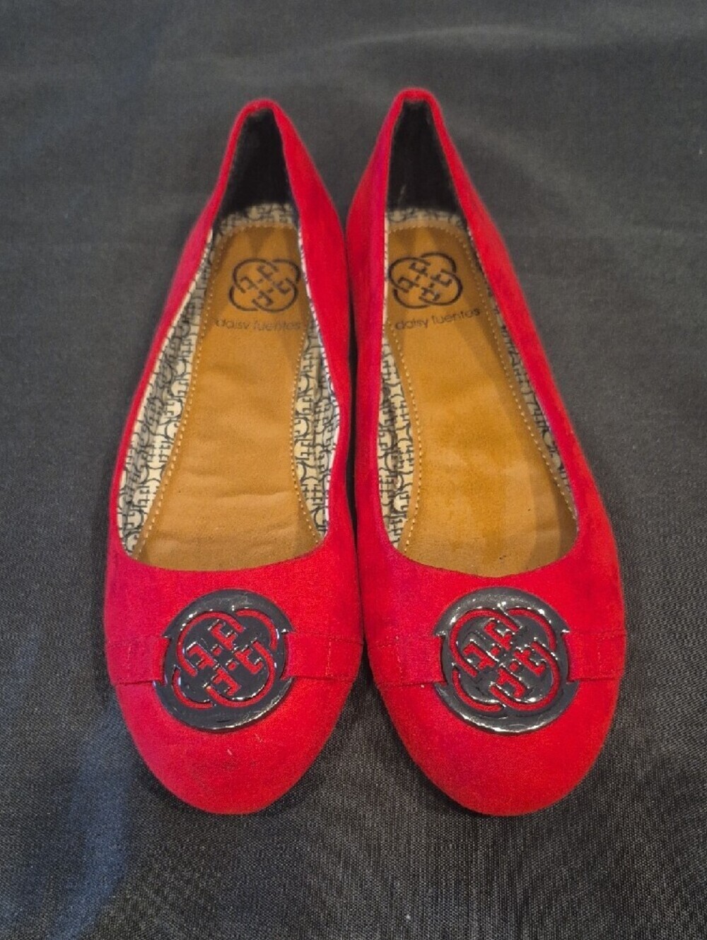 Daisy Fuentes Ruby Ballet Suede Round-Toe Flats with Logo Medallion